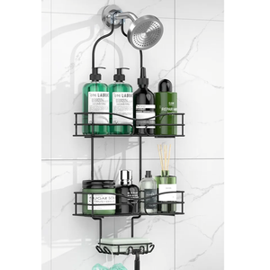Bathroom Shower Caddy Hanging - 3-Tier Organizer with Soap Holder & 6 Hooks for Towels, Sponge; Fits 21mm Shower Head Arm, Black
, Black