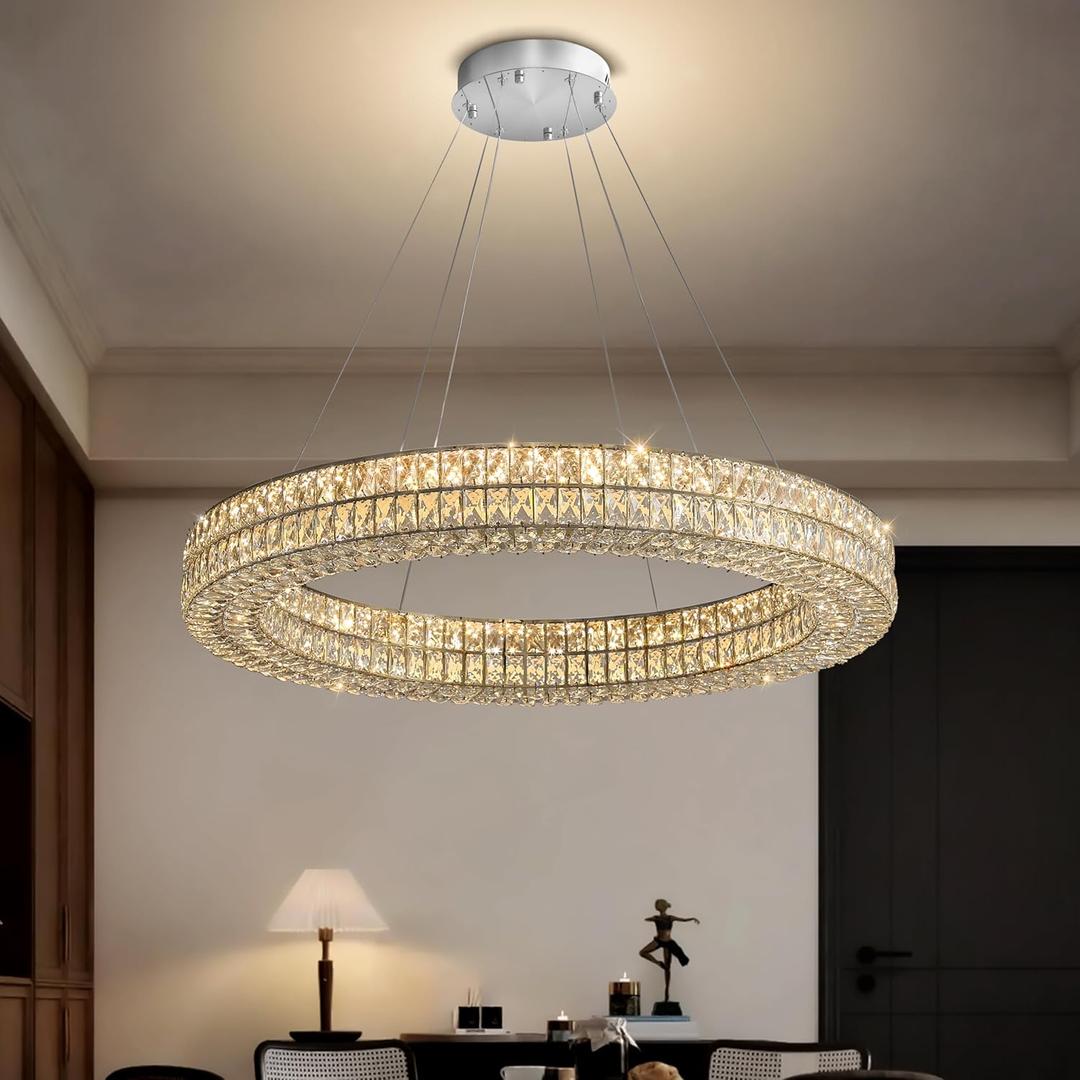Modern Luxury Crystal Chandelier for Dining Room 32" LED Ring Pendant Light Adjustable Dimmable 2700k-6000k (Silver)