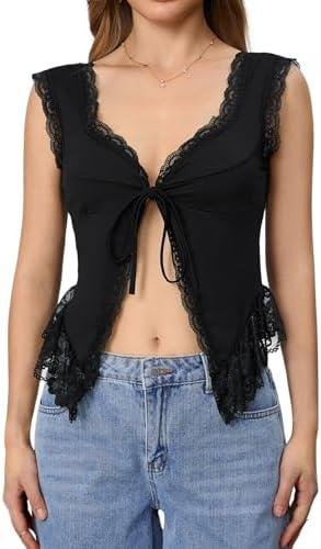 Milumia Women's Lace Trim Open Tie Front Tops Y2k Sleeveless Deep V Neck Going Out Tops Size L