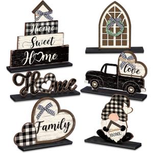 6 Pcs Farmhouse Table Decorations Home Sweet Home Tabletop Centerpiece Wooden Black and White Plaid Table Topper Signs for Kitchen Shelf Desk Decor Housewarming Gifts Holiday Party Supplies