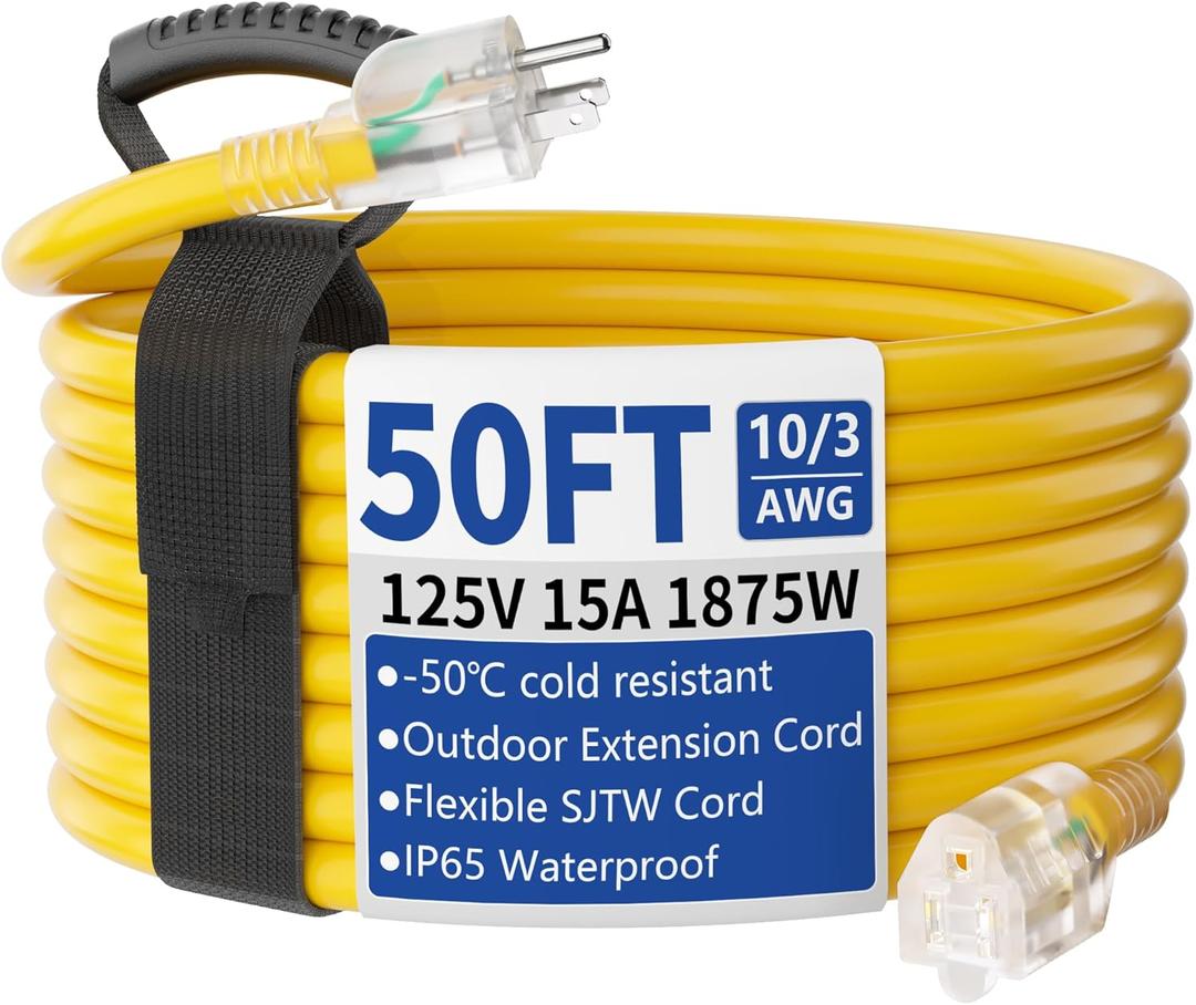 50ft Outdoor/Indoor Extension Cord with Lighted 10/3 Gauge Ultra 3 Prong Heavy Duty SJTW, Waterproof, Flexible Cold-Resistant,15A 125V 1875W, Yellow
