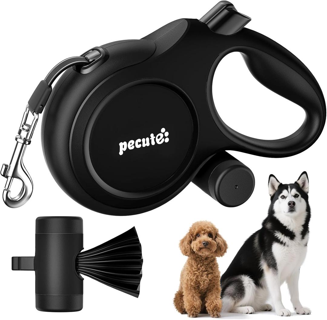 Pecute 26ft Retractable Dog Leash, Heavy Duty Retractable Pet Leash with Poop Bag Holder, Anti-Slip Soft Grip, Reflective Dog Leashes for Medium Dogs Large Dogs 33lbs-120lbs(Black) (26ft up to 110lbs)