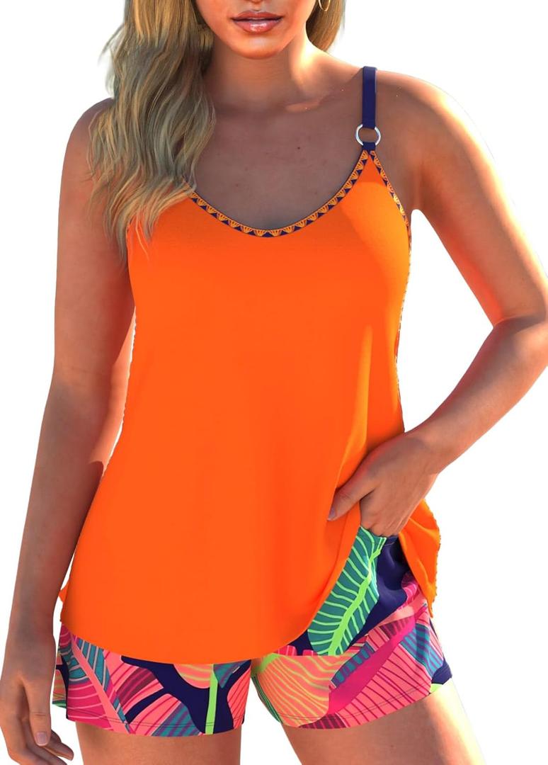 MODLILY Tropical Print Tankini Swimsuits for Women, Modest Two Piece Bathing Suits, Tank Top with Pocket Board Shorts (Orange, L)