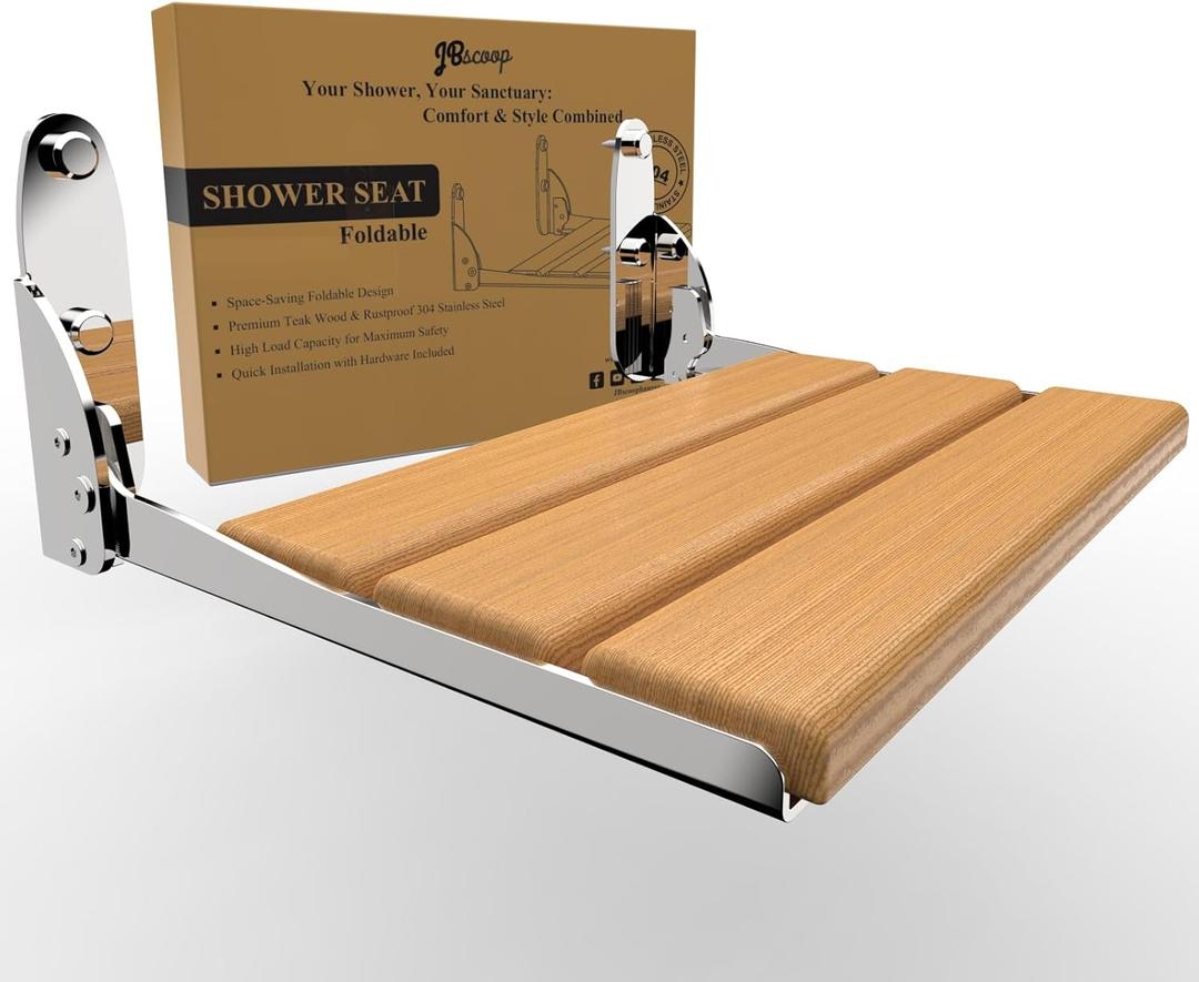 JBscoop Folding Shower Seat, Teak Wood & 304 Stainless Steel Wall-Mounted Bench, 440 lb Capacity, Waterproof & Rustproof, Space-Saving Foldable Design  18 Inch for Bathroom or Spa