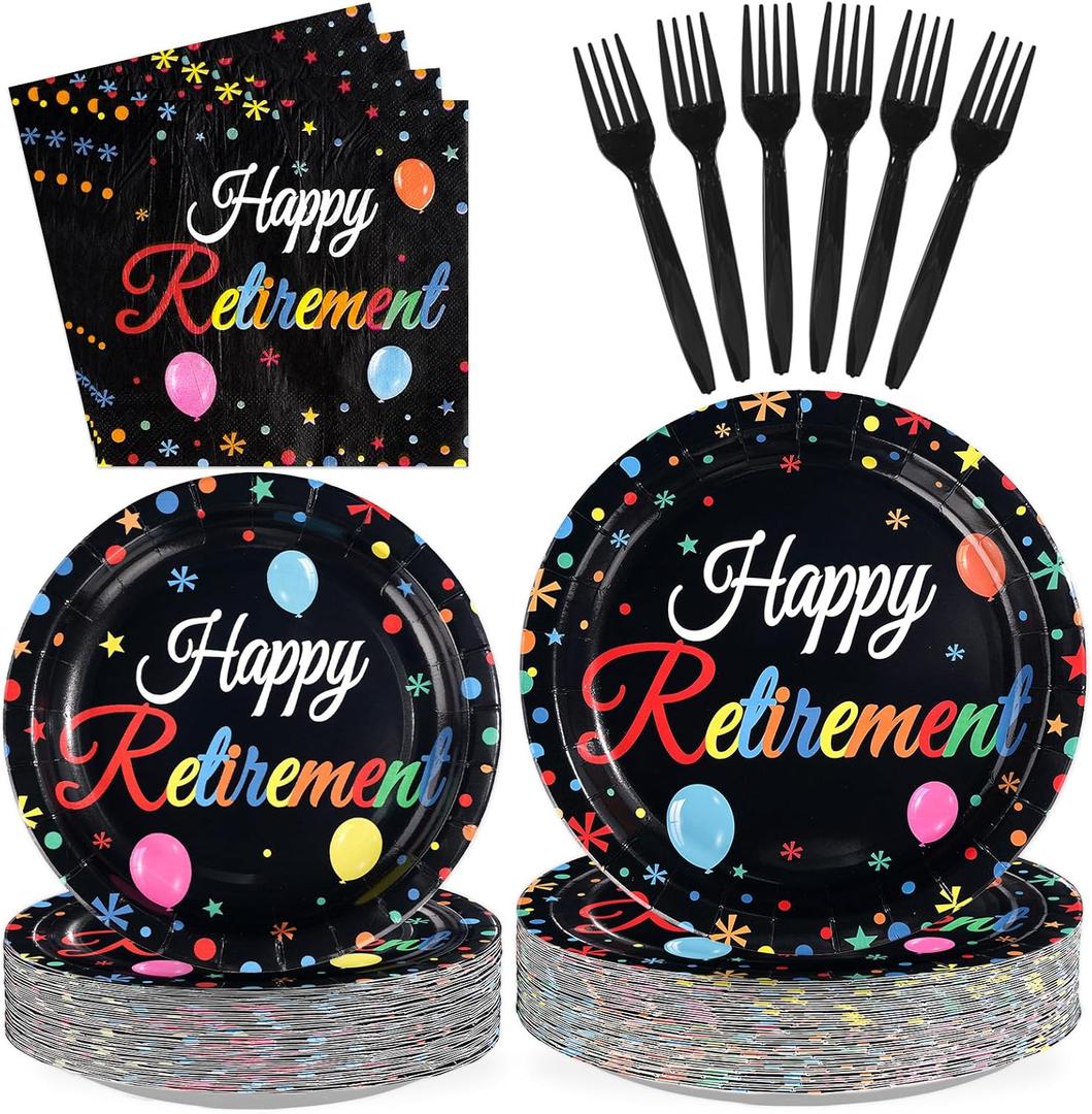 200Pcs Happy Retirement Party Decorations Colorful Retirement Plates and Napkins Tableware Set Black Retired Theme Decorations for Men Women Going Away Office Retired Farewell Party Supplies Serves 50