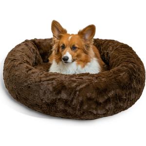 Best Friends by Sheri Original Calming Donut Dog and Cat Bed, Lux Faux Fur, Dark Brown, (30in x 30in) - Anxiety Relief for Pets Up to 45 lbs (Medium)