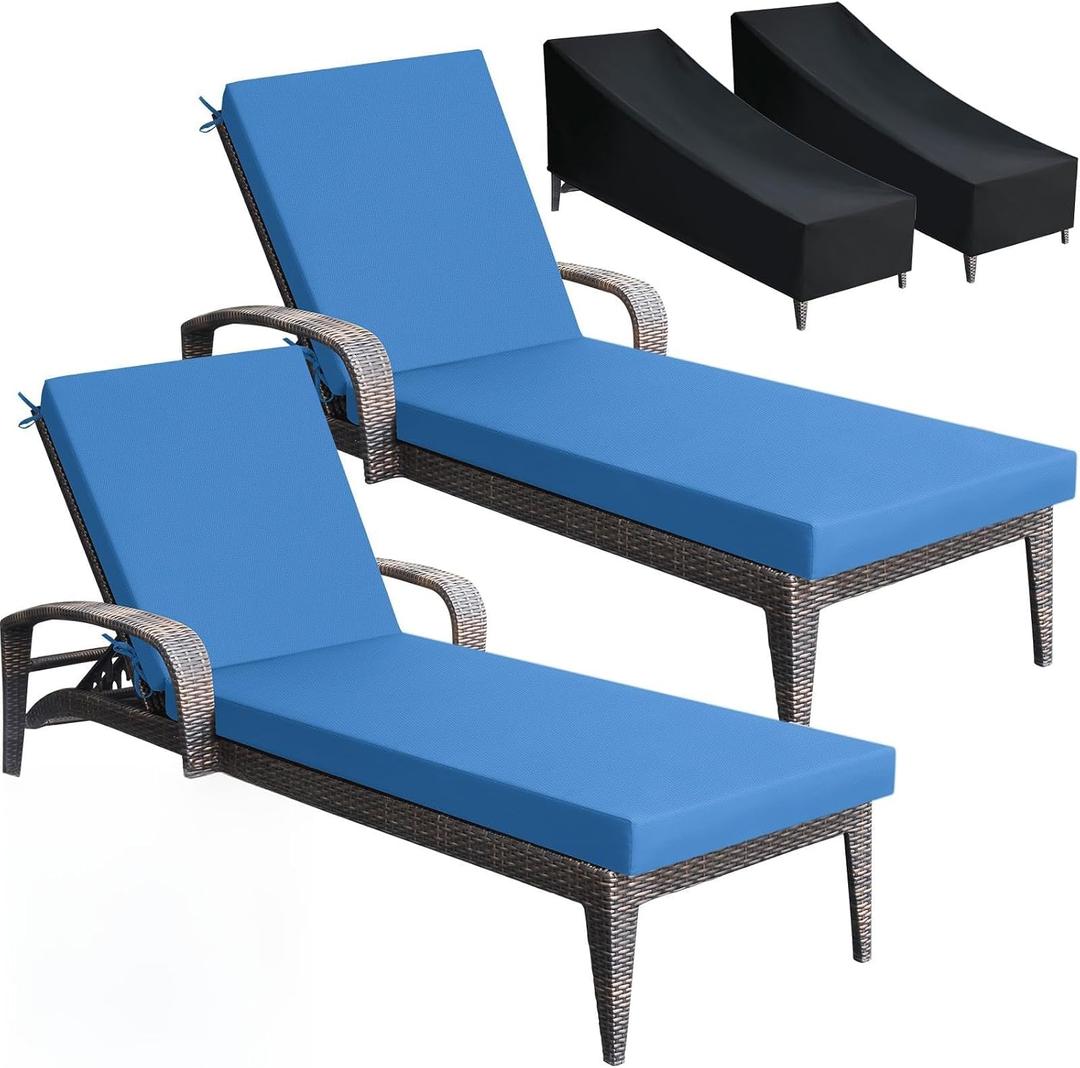 Patelai 2 Set Blue Chaise Lounge Cushions Outdoor 70x21x3 Inch with Black Lounge Chair Covers, Waterproof Sun & Fade Resistant Lounger Replacement Cushion Thick for Pool Deck Lawn Furniture