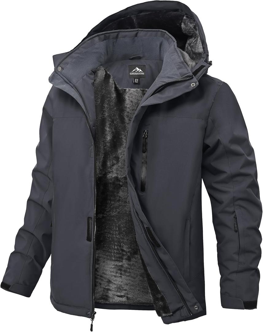 Mens Winter Snow Jacket Waterproof Ski Jackets Snowboard Rain Warm Coat Insulated Hood Fleece Lined (Large, Deep Grey)
