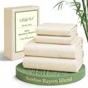 MR&HM King Size Sheets Set, 4-Piece Cooling Sheets, Rayon Derived from Bamboo & Polyester Blend, Soft & Silky, 15" Deep Pockets with Elastic Straps, Hotel Luxury for Hot Sleepers, Cream