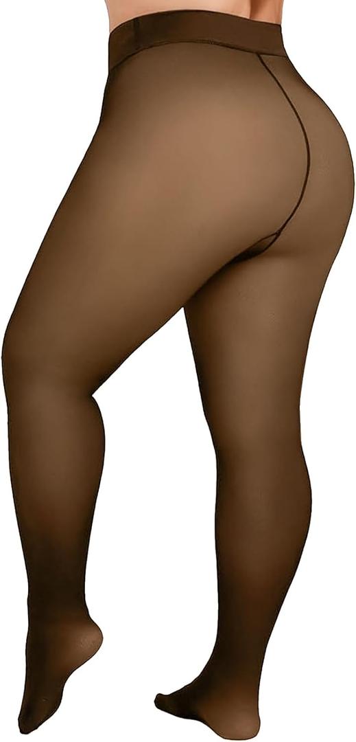 Delcast Plus Size Fleece Lined Tights Women - Fake Translucent Sheer Warm Thermal Pantyhose Leggings for Winter Small
