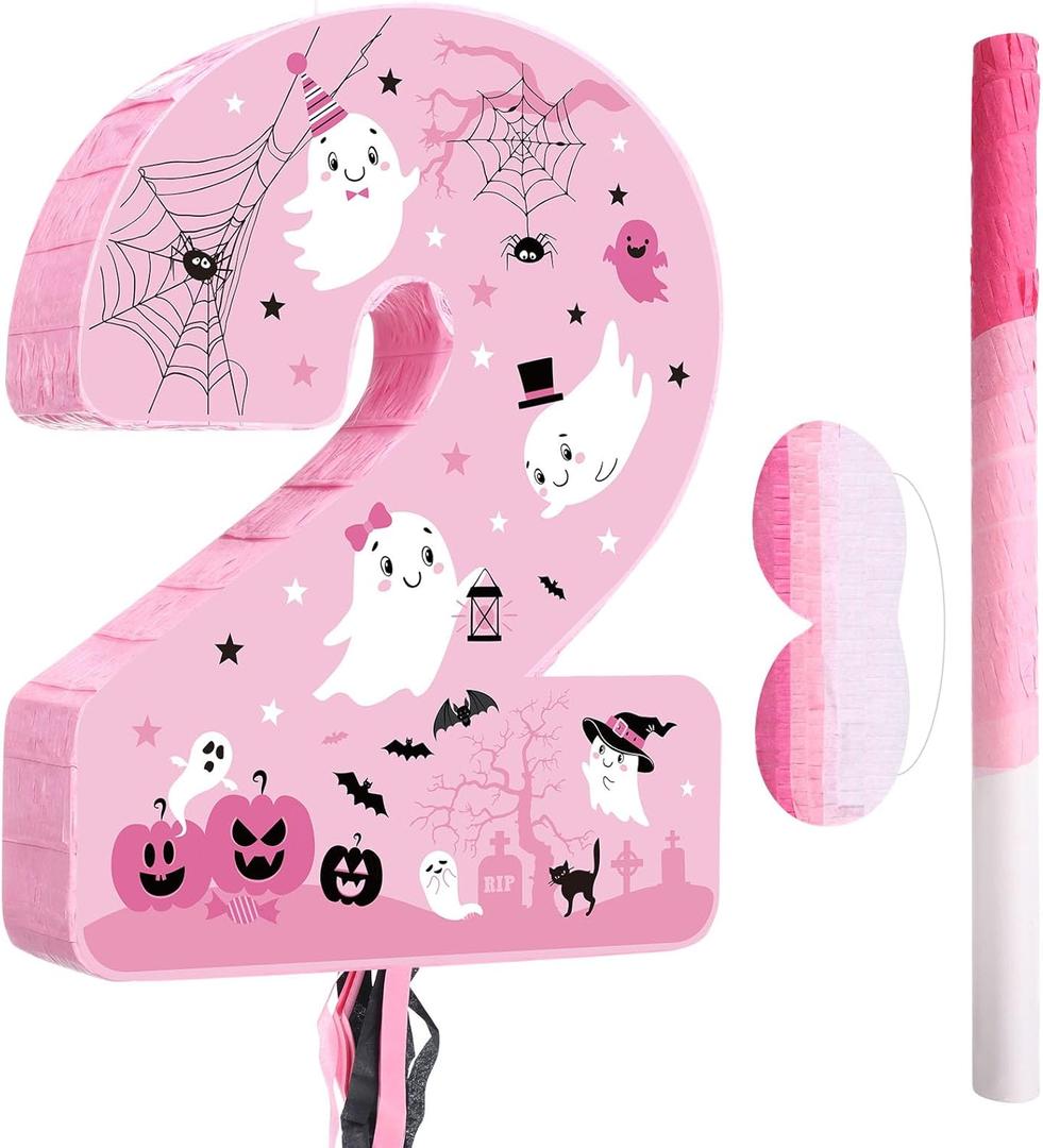 Nezyo Halloween Number 2 Piata Pink White Pull String 2nd Birthday Piata with Bat Stick Blindfold for Birthday Anniversary Celebration Halloween Party Decorations Supplies