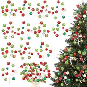 Yalikop 12 Pcs Christmas Glitter Ball Picks 15 Inch Green Red White Berries Picks for Christmas Tree Decorations Xmas Topper Ornaments DIY Wreath Garland Crafts Holiday Vase Fillers Winter Home Decor