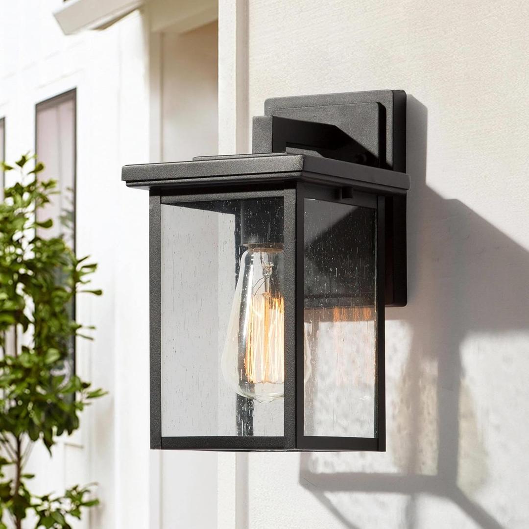 Black Exterior Light Fixture, Farmhouse Outdoor Porch Lights Wall Mount, Modern Outdoor Wall Lantern Light, Rectangular Outdoor Sconces Wall Lighting with Seeded Glass for Front Door, Garage, Patio