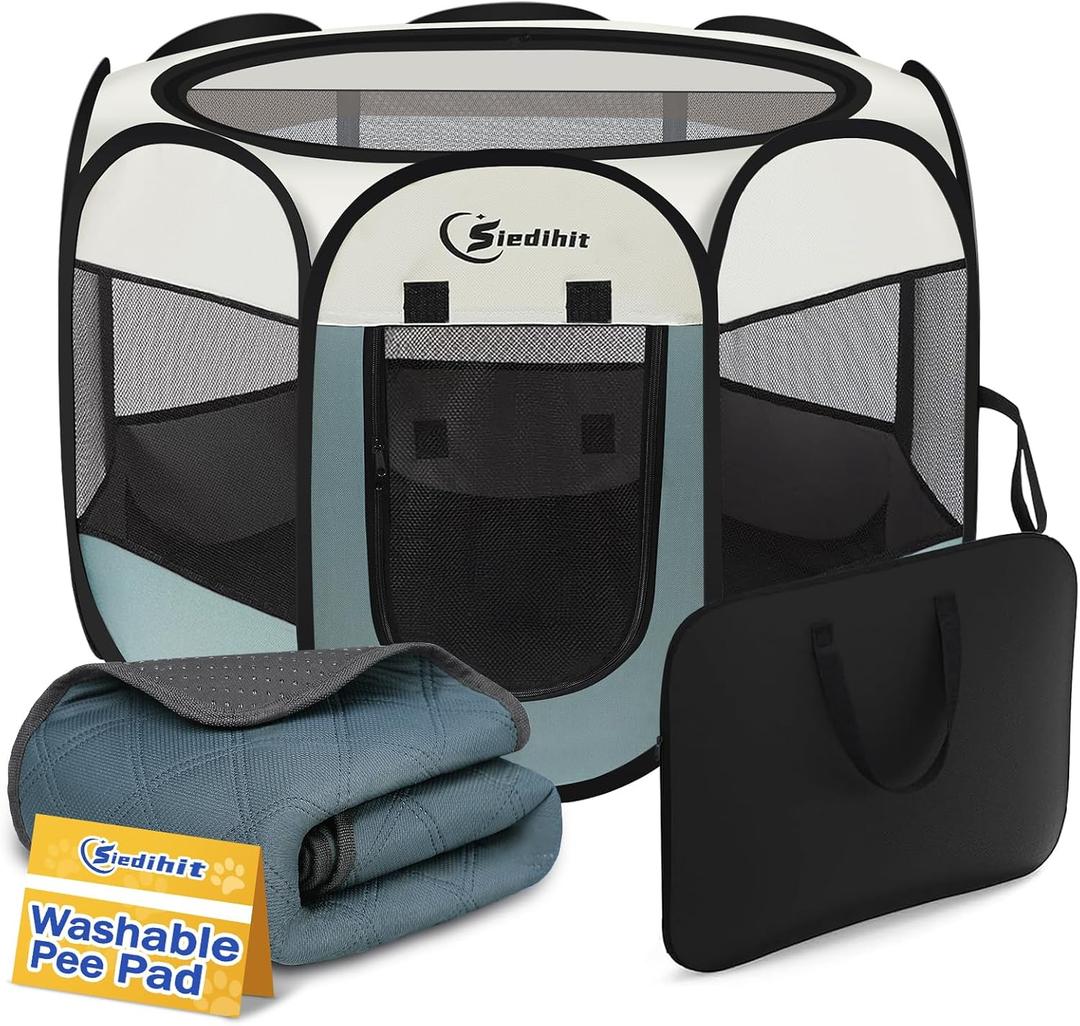 Siedihit Medium Dog Cat Playpen, Puppy Pet Playpen Indoor for Dog Crate Tent Cage Outdoor, Portable Pop Up Dogs Enclosure Kennel with Carrying Case for Dogs/Cats/Rabbits (Grey with Pad, Medium)