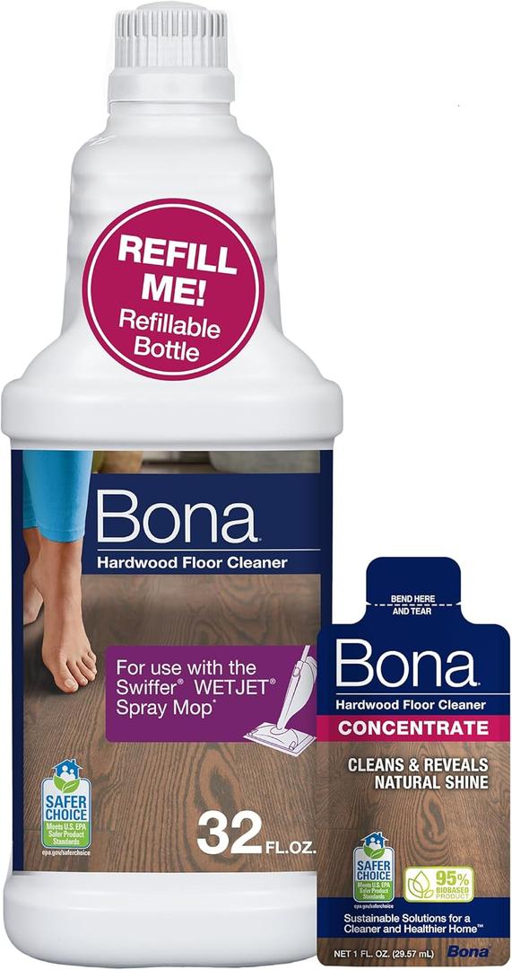 Bona Hardwood Floor Cleaner Bottle for use with Swiffer WETJET Spray Mop, makes 64 Fl Oz - Includes Filled Bottle + Concentrate Refill for Wood Floor Cleaning (32 Fl Oz (Pack of 1))