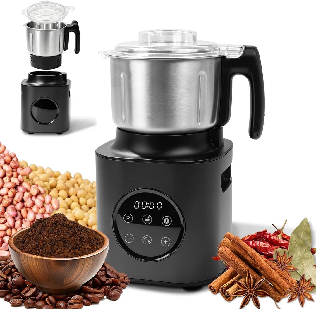 Electric Grinder for Kitchen, 800ML Detachable Stainless Steel Grinding Cup, 9 Adjustable Grind Settings, 500W Dry Grinder with Auto-Set Grinding Times for Coffee Beans, Nuts, Grains, Spices & Herbs