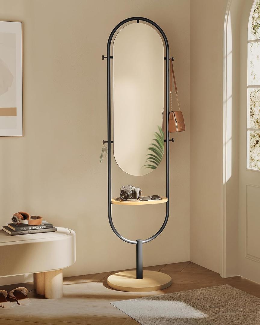 SONGMICS Full-Length Floor Mirror, 3-in-1, Modern Standing Full Body Mirror, Inspired by Original Award-Winning Design, 16.5 x 18.9 x 68.9 Inches, Living Room, Bedroom, Oak Beige and Ink Black