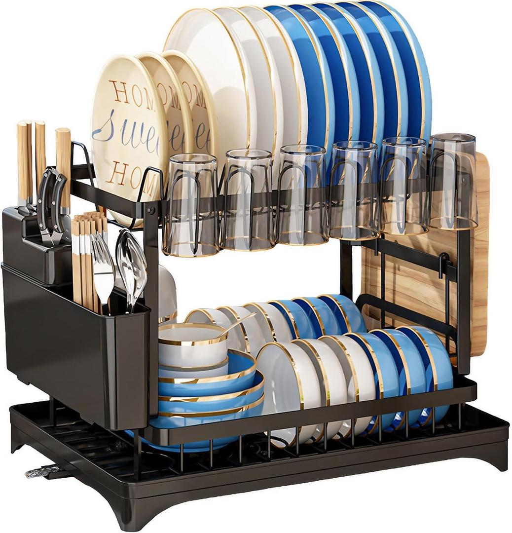 Dish Drying Rack, 2-Tier Large Dish Racks for Kitchen Counter, Metal Dish Drainers with Drainboard & Utensil Holder, Stainless Steel Cup/Dishes Drying Racks Kitchen Sink Dry Rack Plates Organizer