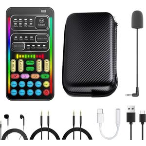 i9 Real-Time Voice Changer with Sound Card 8 Voice Effects, Full Accessories Included (Mini Mic, Monitor Earphone, 2 Adapters), Plug & Play, Compatible with PC, PS5, Xbox, Switch, Android & iOS