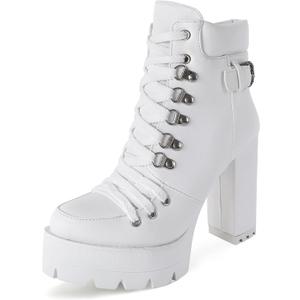 Susanny Sexy High Heels for Women Boots Round Toe Platform Booties Lace Up Suede Side Zipper Ankle Bootie (12, White)