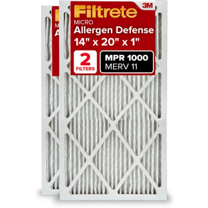 Filtrete 14x20x1 AC Furnace Air Filter, MERV 11, MPR 1000, Micro Allergen Defense, 3-Month Pleated 1-Inch Electrostatic Air Cleaning Filter, 2 Pack (Actual Size 13.781 x 19.781 x 0.84 in)