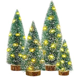 Small Christmas Tree with Lights, 4 Pcs Table Top Mini Christmas Tree with Wooden Bases, LED String Light Small Bottle Brush Pine Tree Decor for Xmas Holiday Party Home Indoor Christmas Decoration
