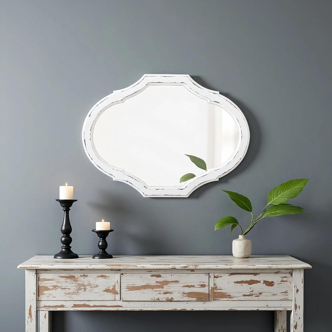Vintage Oval Bathroom Mirror 22 X 30 Inch, Hanging Distressed White Rustic Scalloped Decorative Wall Mirrors, Unique Wood Mirrors for Wall Decor Living Room Entryway, Horizontal or Vertical