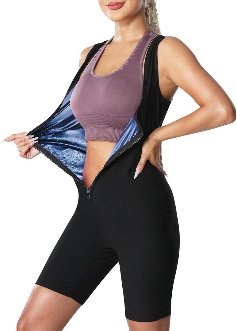 Sauna Suit for Women Sauna Vest Weight Loss 3 in 1 Waist Trainer Full Body Sweat Sleeveless Shirt Workout Running Gym, Small