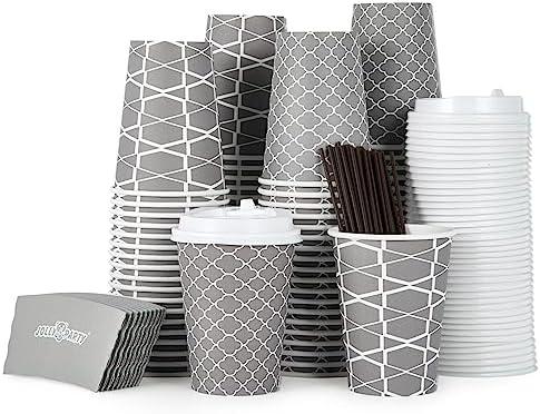 JOLLY PARTY [100 Sets] 12 oz Paper Coffee Cups, Disposable Coffee Cups with Lids, Sleeves and Straws, Hot Cold Beverage Drinking Cup for Water, Coffee or Tea, To-Go Cup Suitable for Office and Travel