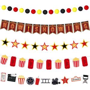 5 Pcs Movie Night Party Decorations Now Showing Banner Hanging Movie Night Theater Party Sign Cinema Birthday Decorations for Home Film Backdrop Baby Shower Birthday Party Supplies