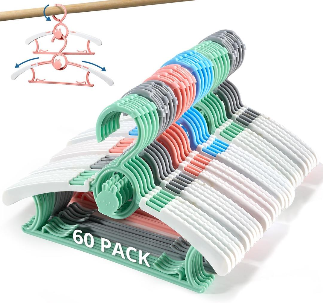 Baby Hangers for Closet Adjustable, Extendable & Stackable Kids Hangers, 11~14inch Non-Slip Plastic Kid Hangeres, Toddler Hangeres for Infant Baby Toddler Children Nursery Teen, Mix, Pack of 60