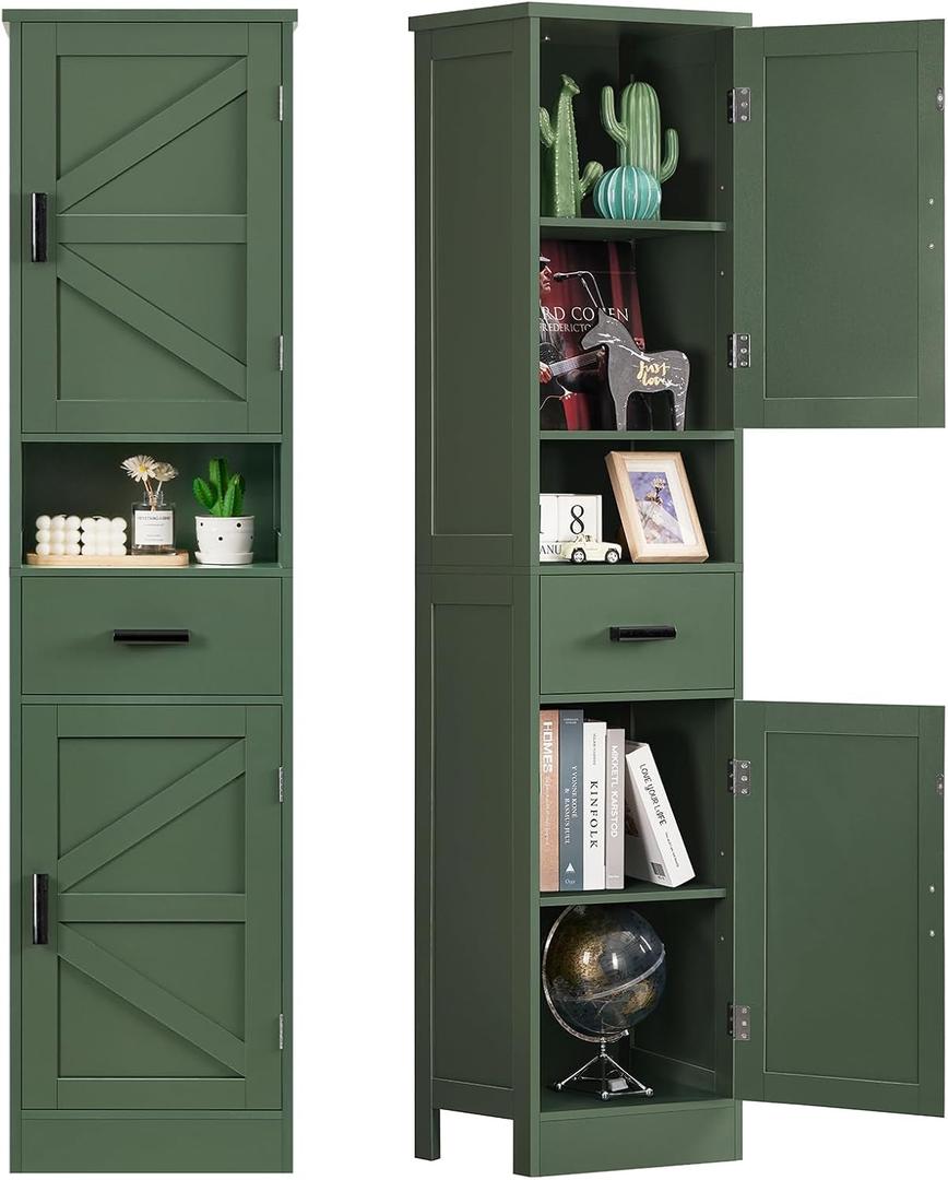 TEENFON 67" H Tall Bathroom Storage Cabinet with Barn Doors and Drawer, Narrow Bathroom Cabinet, Narrow Storage Unit, Adjustable Shelves, Floor Cabinets for Living Room, Forest Green, 11.8"D x 15.8"W x 67"H