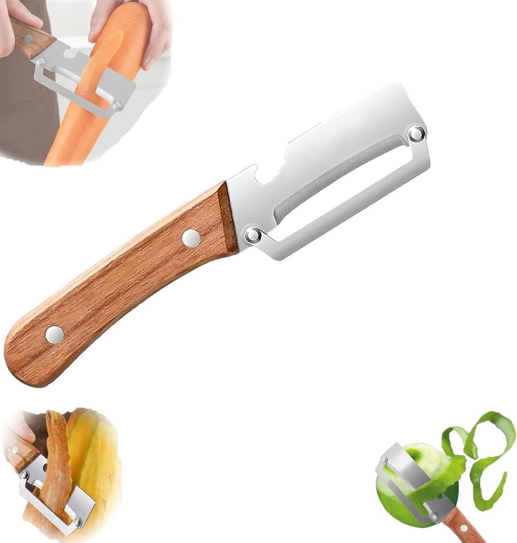 2-in-1 Multifunctional Vegetable Peeler with Wooden Handle & Stainless Steel Blade, Multifunctional Vegetable Peeler, Built-in Bottle Opener, Fruit & Vegetable Kitchen Peeling Tool (1pc)