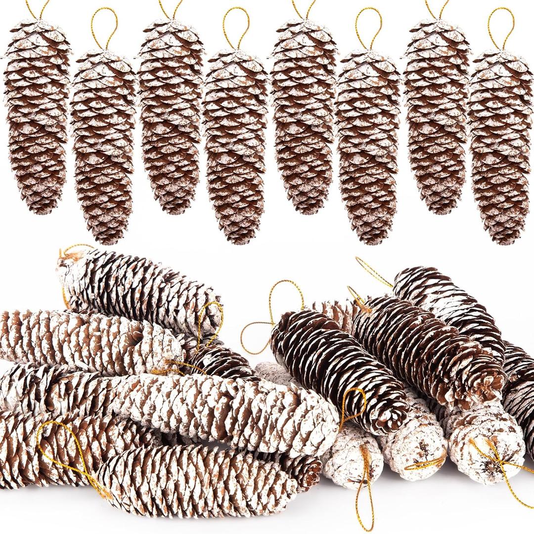 JOHOUSE 18PCS Snow Pinecone Ornaments, Large Spruce Pinecones Hanging Pinecones for Decorating Natural Pine Cones for Christmas Tree Hanging Decoration, Winter Vase Filler