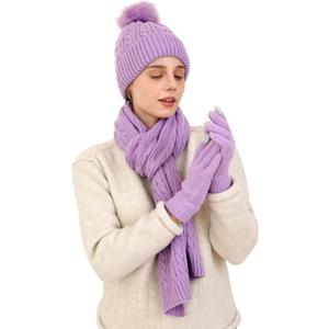 Double Couple 3pcs Winter Women scarf and hat and Touch Screen Gloves Set for Women Knit Hat with Faux Fur Ball Scarves Glove (Purple)