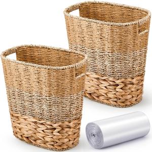 2 Pcs Wicker Trash Can with 50 Small Trash Bag Wicker Waste Woven Basket with Handles Clear Multi Use Garbage Bags for Bathroom Kitchen Bedroom(Various Materials,Classic Style)