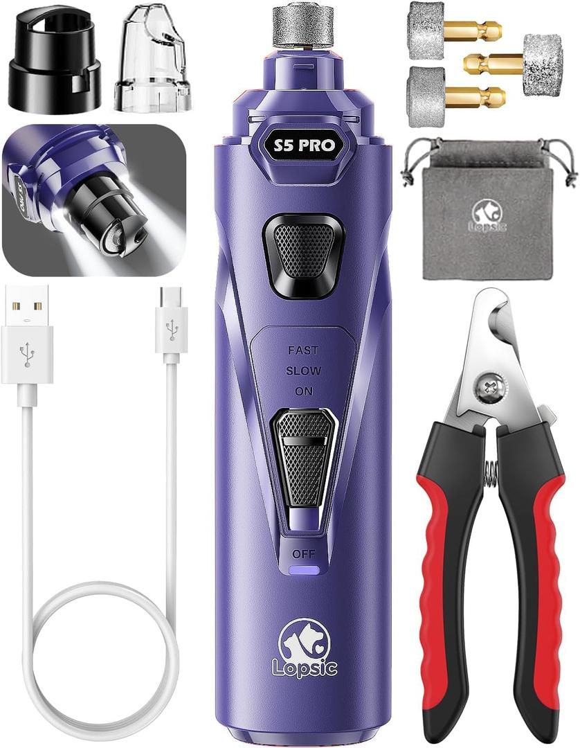 Dog Nail Grinder with 2 LED Lights Powerful 2 Speeds Super Quiet Dog Nail Trimmers with 3 Grinding Wheels Rechargeable Pet Dog Nail Clippers for Large Medium Puppy Dogs Dog Nail File Cat Nail Clipper (Blue)