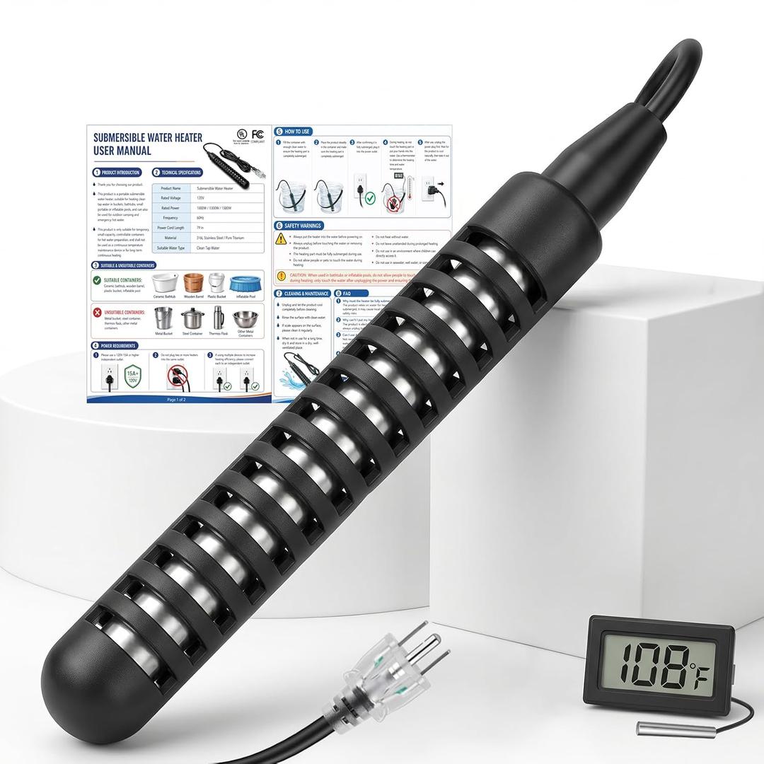 Immersion Water Heater 1500W 120V, Titanium Portable Submersible Heater with NEMA 5-15P Plug, Digital Temperature Monitor, Durable Build & Secure, for Bathtubs, Buckets & Small Inflatable Pools