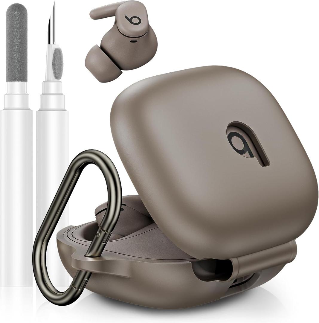 Compatible with Beats Powerbeats Fit Case Cover, Soft Silicone Shockproof Protective Skin Case for Powerbeats Fit Earbuds 2025 with Cleaner Kit & Carabiner, Top Logo Visible (Grey)