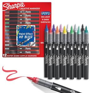 Sharpie Creative Markers, Water-Based Acrylic, Brush Tip, Assorted Colors, 12 Count – Arts & Crafts, Kids Activity, School Classroom; Works on Paper, Metal, Wood, Ceramic, Glass, Rock, Canvas