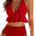 Edelqual Women High Waisted Bikini Sets Two Piece Swimsuit Ruffle Tummy Control Bathing Swim Suit Halter V Neck Swimwear (Small, Red)