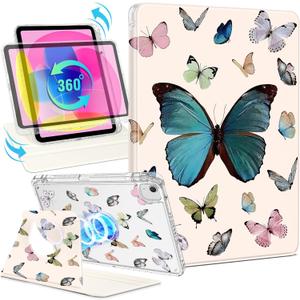 Shorogyt for iPad Air 11 Inch Case M3 2025&M2 2024/Air 5th Generation 2022/Air 4th Gen 2020/Pro 11 Inch Case Magnetic Stand for Women - Cute 360 Degree Rotating Cover Girl Pencil Holder,Blue Butterfly