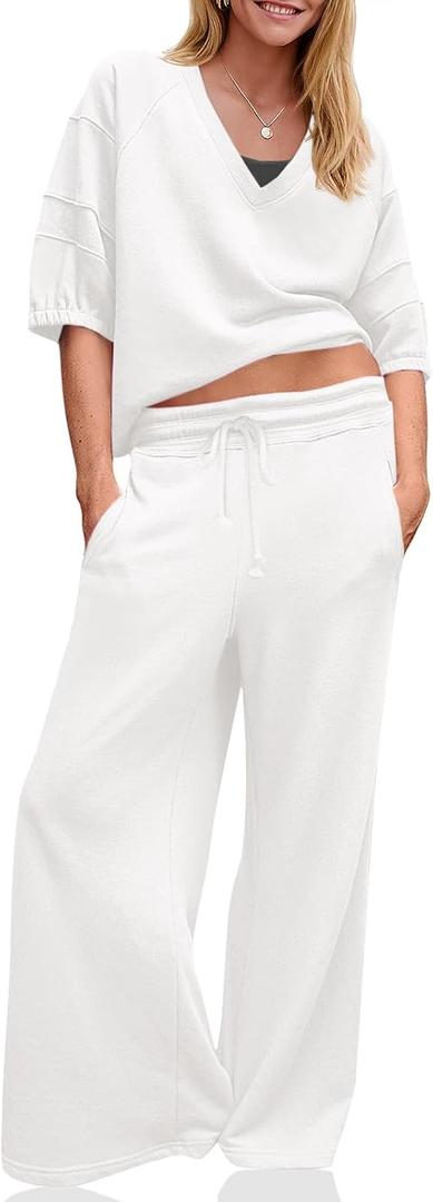 Fisoew Womens 2 Piece Outfits Casual V Neck Shirts Wide Leg Running Long Pants Loose Workout Tracksuit Sets (White, S)