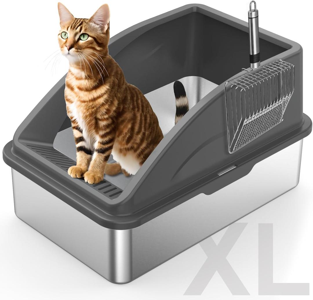 FURTIME Stainless Steel Litter Box with Lid, XL Metal Cat Litter Box for Big Cats, Extra Large High Sided, Non-Sticky, Easy to Clean, Anti-Urine Leakage,Include Metal Litter Scoop, Gray