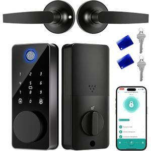 Smart Lock with 2 Lever Handle Set, Fingerprint Keyless Entry Door Lock Front Door App Control, Electronic Touchscreen Keypad Deadbolt, Auto Lock, IP54 Waterproof, Easy Install Built-in Doorbell