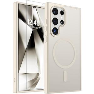 SUPFINE Magnetic for Samsung Galaxy S24 Ultra Case with Screen Protector, (Compatible with MagSafe) (Military Grade Drop Protection) Slim Translucent Shockproof Phone Case,Stone