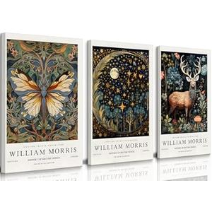 3pcs William Morris Wall Art Vintage Moon and Stars Canvas Wall Decor Butterfly Pictures Prints Poster Gallery Famous Artwork Nature Animal Flower for Bedroom Living Room Office Home 12x16inx3 Framed
