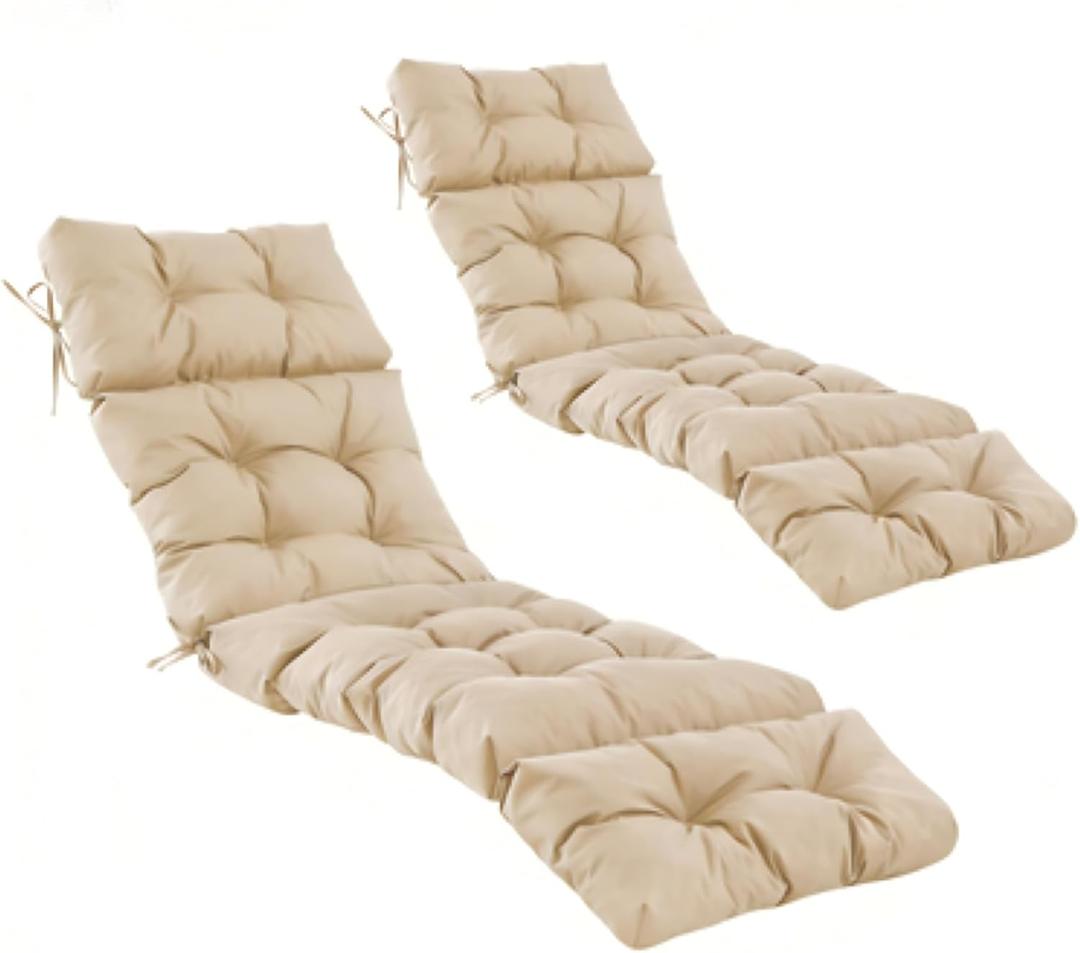 2 Pcs Chaise Lounge Cushions Outdoor,Waterproof & Fade Resistant Patio Lounge Chair Cushions for Outdoor Furniture, Chaise Cushion with Ties for Pool, Lawn and Beach, 75.1x22.8x4.7 Inch, Beige