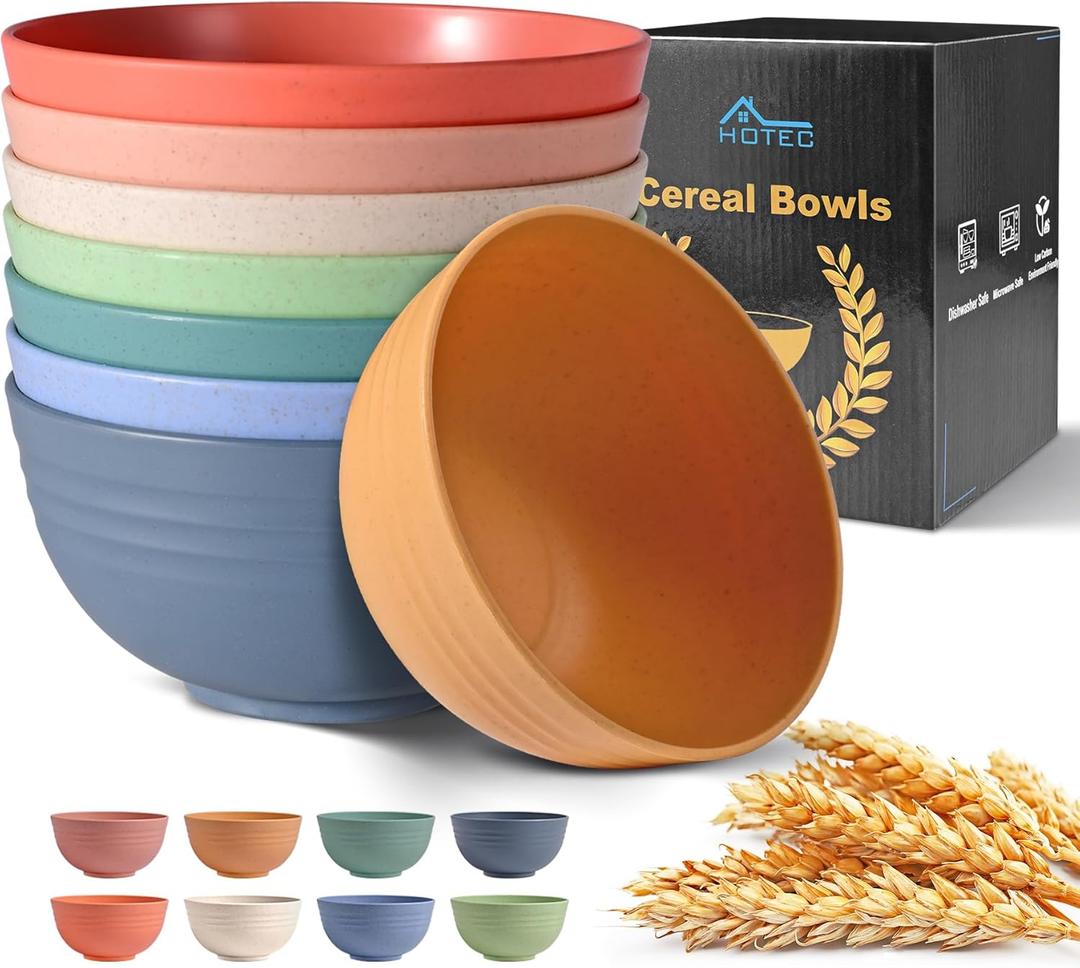 HOTEC Unbreakable Wheat Straw Cereal Bowls - Microwave & Dishwasher Safe Soup and Salad Bowls, Set of 8, 26oz, BPA Free, Multicolor