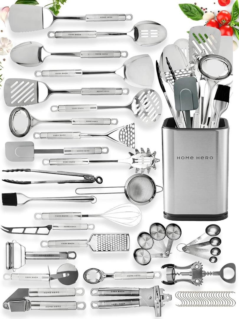 Home Hero 54-Piece Stainless Steel Kitchen Utensils Set - Heat-Resistant Nonstick Silicone & Stainless Steel Cooking Utensils - Complete Tools With Slotted Spoon & Pasta Spoon - Pack Of 54, Silver